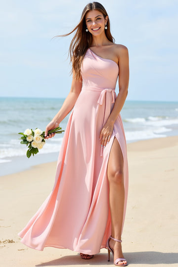 One Shoulder A Line Candy Pink Bridesmaid Dress with Slit